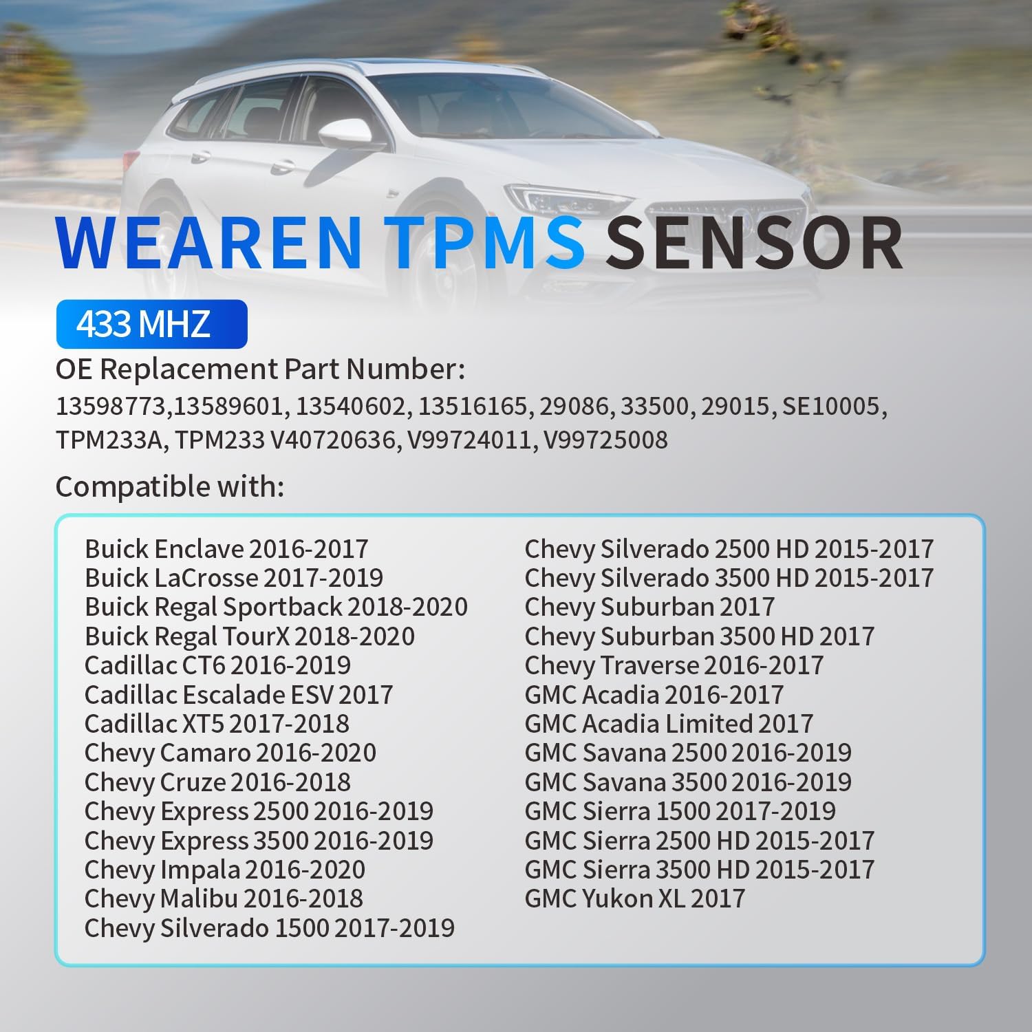 13598773 TPMS Sensor Tire Pressure Sensor Set of 4 433 MHZ Compatible with Chevy Silverado 1500 Camaro Impala Traverse Malibu Ex